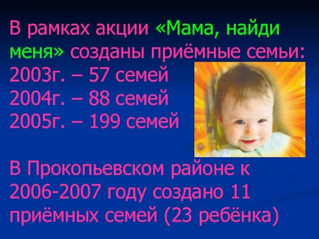 В рамках акции «Мама, найди меня» созданы приёмные семьи: 2003г. – 57