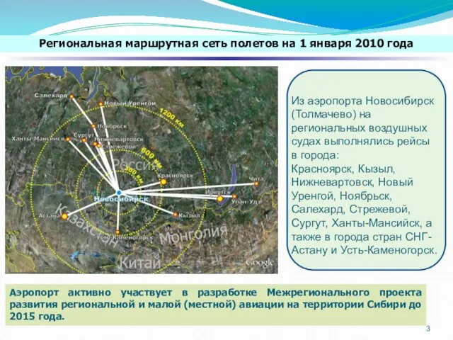 Региональная маршрутная сеть полетов на 1 января 2010 года Аэропорт активно участвует