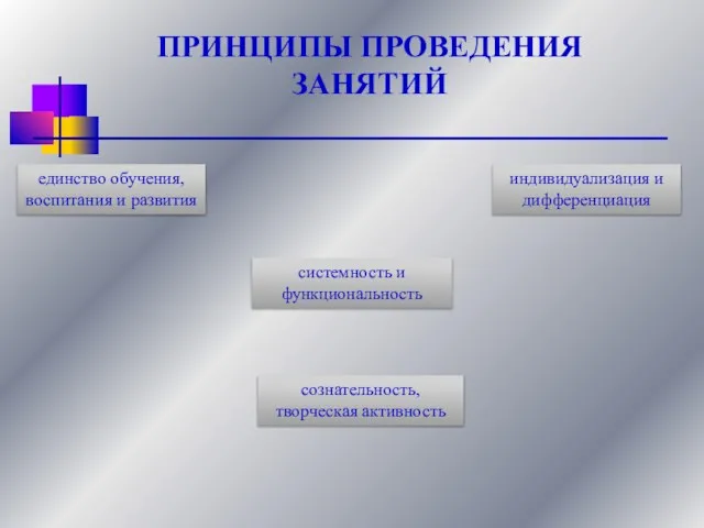 ПРИНЦИПЫ ПРОВЕДЕНИЯ ЗАНЯТИЙ единство обучения, воспитания и развития системность и функциональность индивидуализация