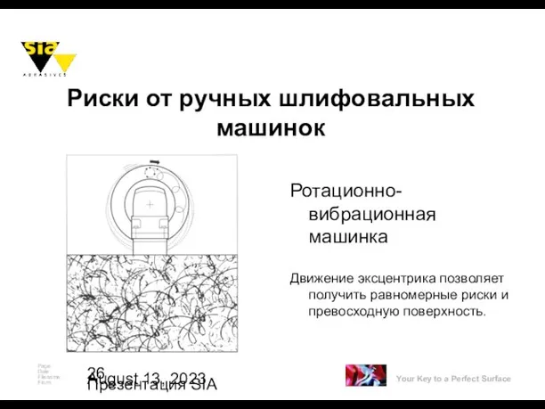 August 13, 2023 Презентация SIA Ротационно-вибрационная машинка Движение эксцентрика позволяет получить равномерные