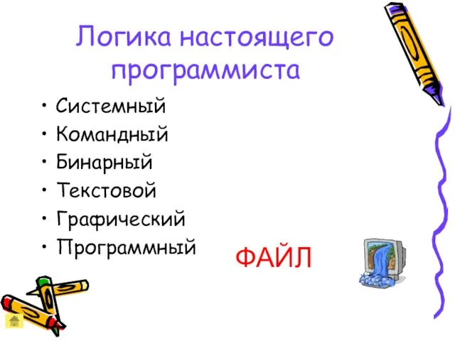 Логика настоящего программиста Системный Командный Бинарный Текстовой Графический Программный ФАЙЛ