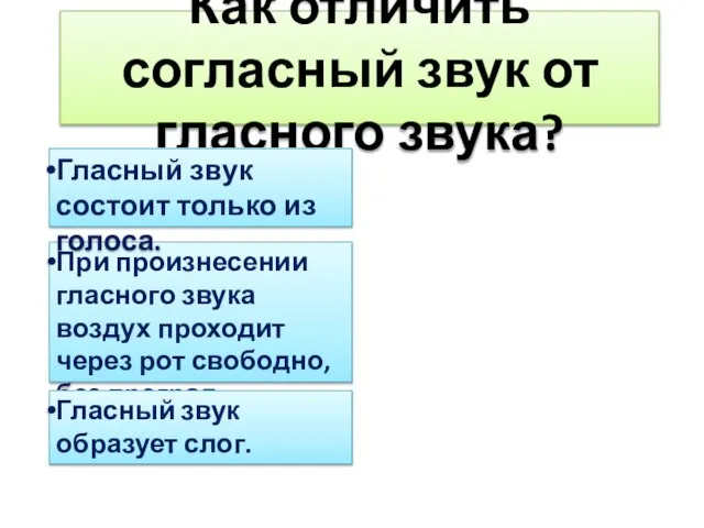 Как отличить согласный звук от гласного звука? При произнесении гласного звука воздух