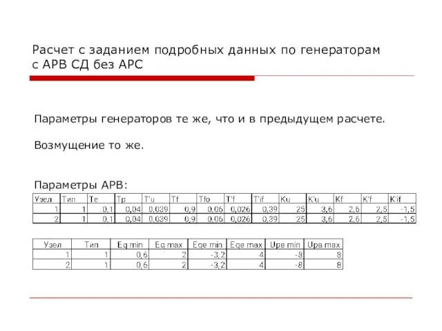 Расчет с заданием подробных данных по генераторам c АРВ CД без АРС