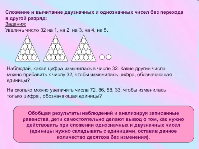 Сложение и вычитание двузначных и однозначных чисел без перехода в другой разряд: