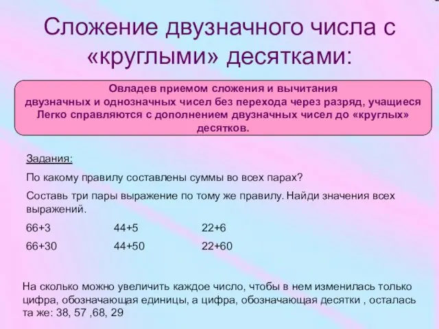 Сложение двузначного числа с «круглыми» десятками: Задания: По какому правилу составлены суммы