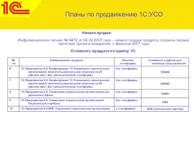 Планы по продвижению 1С:УСО Начало продаж: Информационное письмо № 6472 от 06.02.2007