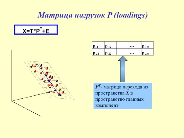 Матрица нагрузок P (loadings) PT- матрица перехода из пространства X в пространство главных компонент