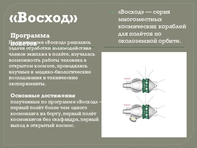 «Восход» — серия многоместных космических кораблей для полётов по околоземной орбите. «Восход»