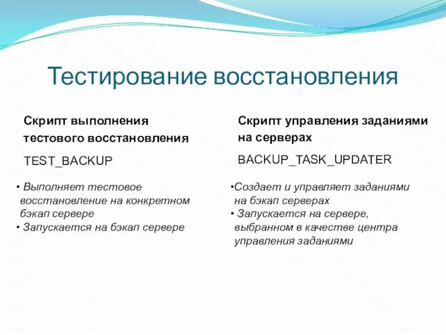 Тестирование восстановления Выполняет тестовое восстановление на конкретном бэкап сервере Запускается на бэкап