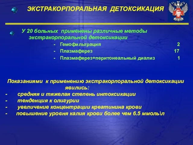 ЭКСТРАКОРПОРАЛЬНАЯ ДЕТОКСИКАЦИЯ У 20 больных применены различные методы экстракорпоральной детоксикации Гемофильтрация 2