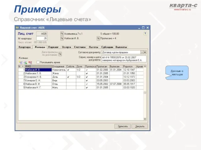 Примеры Справочник «Лицевые счета» Данные о жильцах