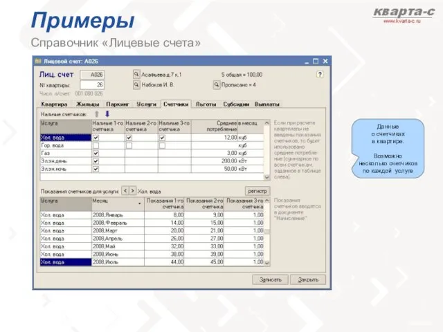 Примеры Справочник «Лицевые счета» Данные о счетчиках в квартире. Возможно несколько счетчиков по каждой услуге
