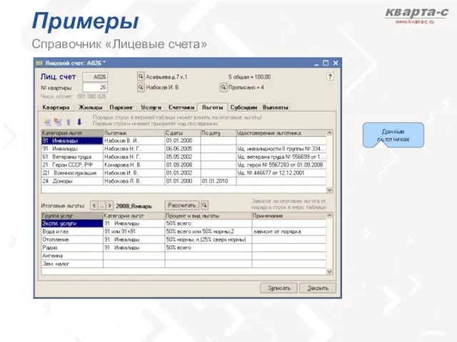 Примеры Справочник «Лицевые счета» Данные льготниках