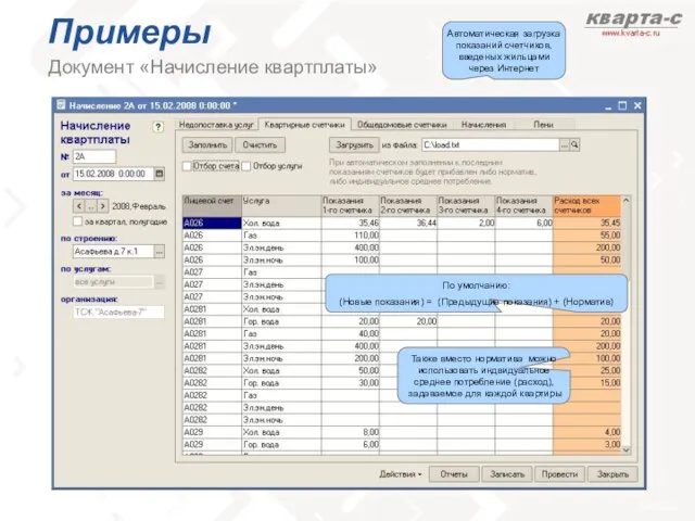 Примеры Документ «Начисление квартплаты» Автоматическая загрузка показаний счетчиков, введеных жильцами через Интернет