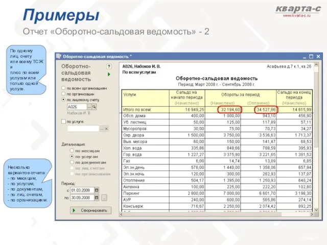 Примеры Отчет «Оборотно-сальдовая ведомость» - 2 По одному лиц. счету или всему