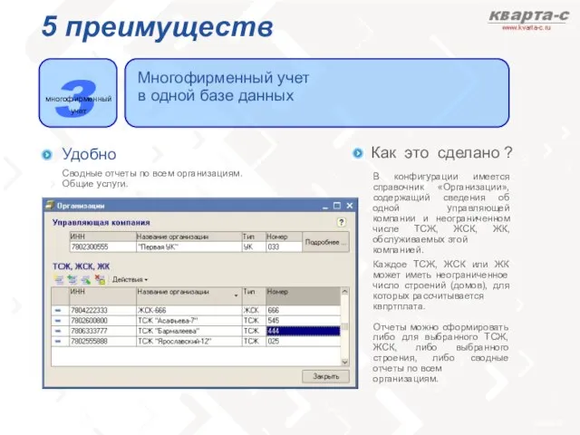 5 преимуществ Удобно Сводные отчеты по всем организациям. Общие услуги. Многофирменный учет