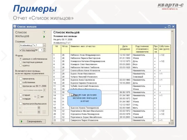 Примеры Отчет «Список жильцов» Различные условия включения жильцов в отчет