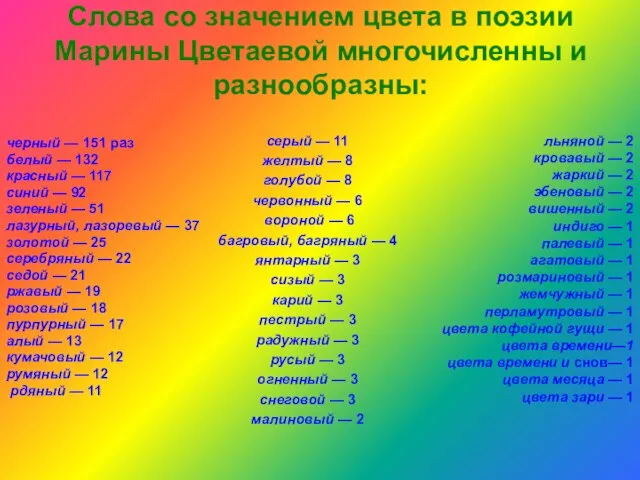 Слова со значением цвета в поэзии Марины Цветаевой многочисленны и разнообразны: черный