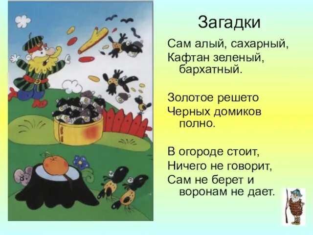 Сам алый, сахарный, Кафтан зеленый, бархатный. Золотое решето Черных домиков полно. В