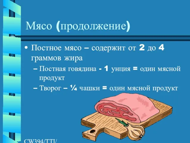 CW394/TTI/AW/LR/04/26/01 Мясо (продолжение) Постное мясо – содержит от 2 до 4 граммов