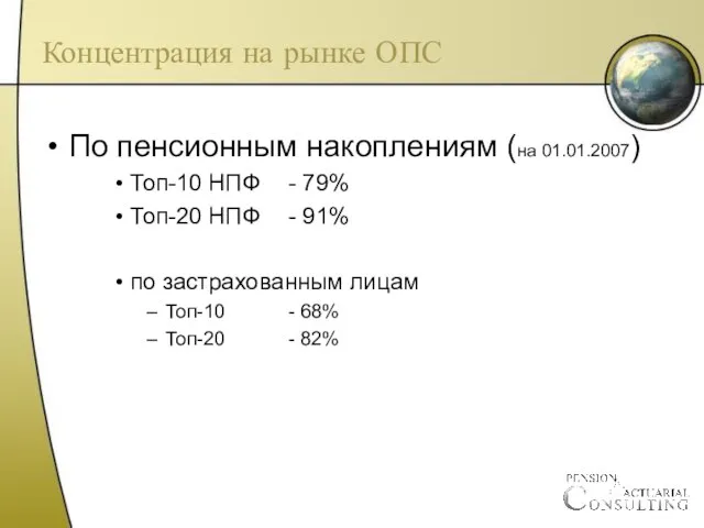 Концентрация на рынке ОПС По пенсионным накоплениям (на 01.01.2007) Топ-10 НПФ -