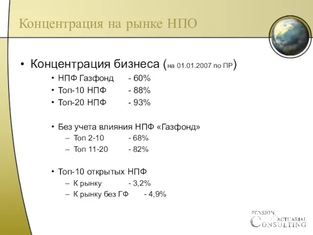 Концентрация на рынке НПО Концентрация бизнеса (на 01.01.2007 по ПР) НПФ Газфонд