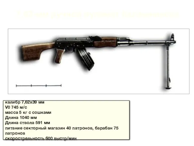 7,62-мм ручной пулемет Калашникова калибр 7,62х39 мм V0 745 м/с масса 5