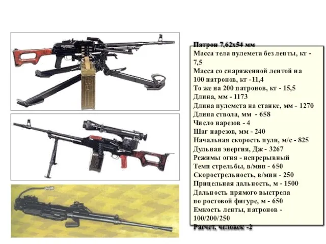 Патрон 7,62х54 мм Масса тела пулемета без ленты, кг - 7,5 Масса