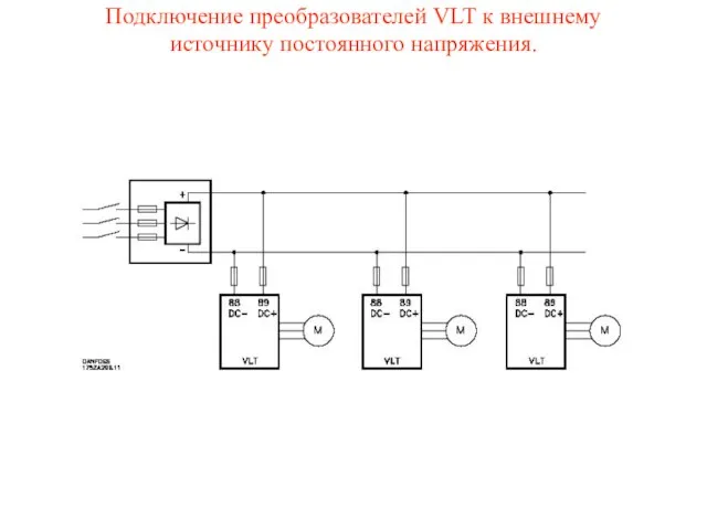 Подключение преобразователей VLT к внешнему источнику постоянного напряжения.