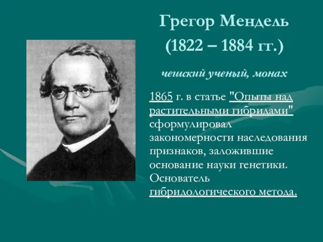 Грегор Мендель (1822 – 1884 гг.) чешский ученый, монах 1865 г. в