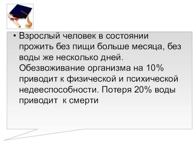 Взрослый человек в состоянии прожить без пищи больше месяца, без воды же