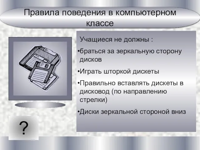 ? Учащиеся не должны : браться за зеркальную сторону дисков Играть шторкой