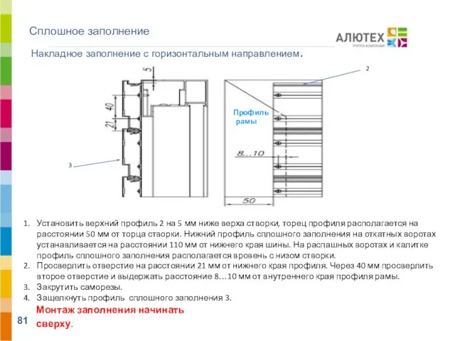 Сплошное заполнение Накладное заполнение с горизонтальным направлением. Установить верхний профиль 2 на