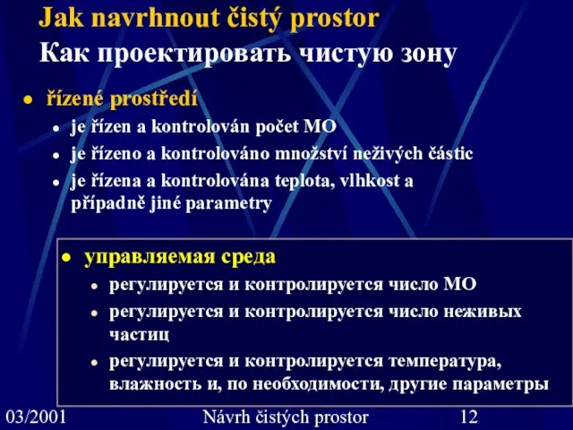 03/2001 J.Moninec, J. Spáčil: Návrh čistých prostor Jak navrhnout čistý prostor Как