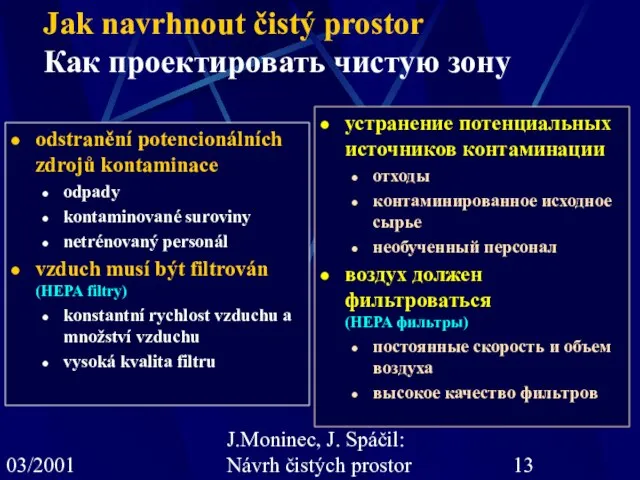 03/2001 J.Moninec, J. Spáčil: Návrh čistých prostor odstranění potencionálních zdrojů kontaminace odpady