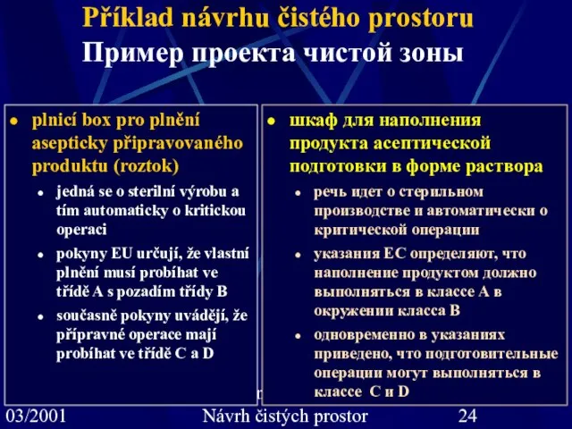 03/2001 J.Moninec, J. Spáčil: Návrh čistých prostor Příklad návrhu čistého prostoru Пример