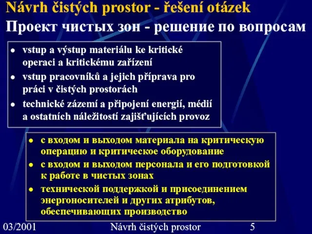 03/2001 J.Moninec, J. Spáčil: Návrh čistých prostor vstup a výstup materiálu ke