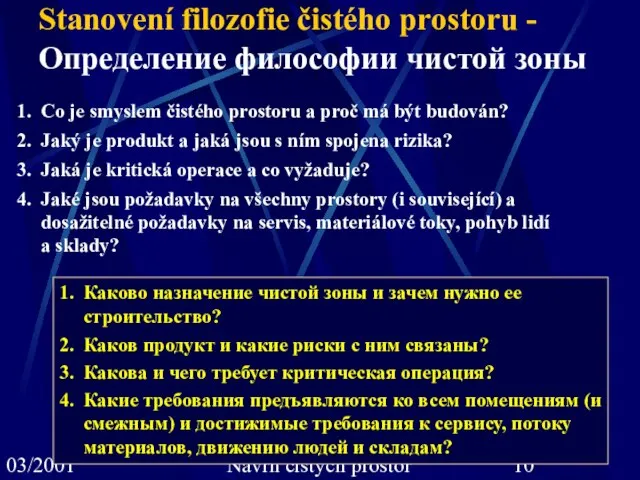 03/2001 J.Moninec, J. Spáčil: Návrh čistých prostor Stanovení filozofie čistého prostoru -