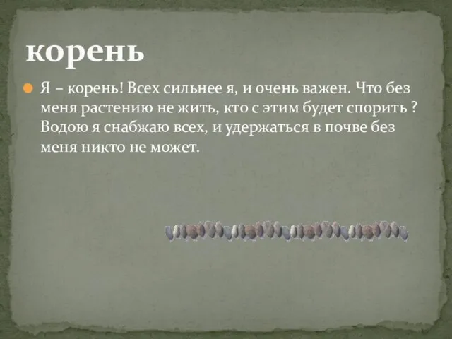 Я – корень! Всех сильнее я, и очень важен. Что без меня