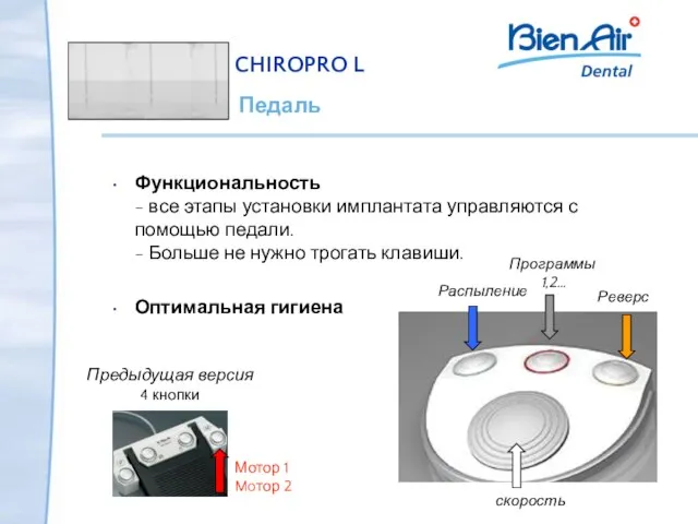 Функциональность - все этапы установки имплантата управляются с помощью педали. - Больше