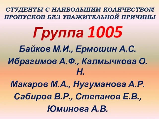 СТУДЕНТЫ С НАИБОЛЬШИМ КОЛИЧЕСТВОМ ПРОПУСКОВ БЕЗ УВАЖИТЕЛЬНОЙ ПРИЧИНЫ Группа 1005 Байков М.И.,