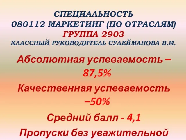 СПЕЦИАЛЬНОСТЬ 080112 МАРКЕТИНГ (ПО ОТРАСЛЯМ) ГРУППА 2903 КЛАССНЫЙ РУКОВОДИТЕЛЬ СУЛЕЙМАНОВА В.М. Абсолютная