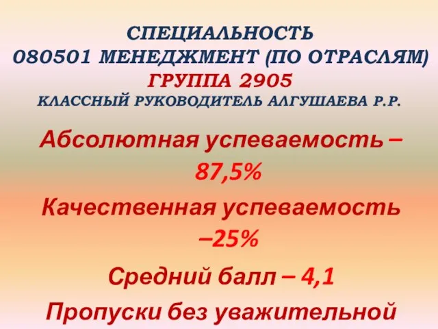 СПЕЦИАЛЬНОСТЬ 080501 МЕНЕДЖМЕНТ (ПО ОТРАСЛЯМ) ГРУППА 2905 КЛАССНЫЙ РУКОВОДИТЕЛЬ АЛГУШАЕВА Р.Р. Абсолютная