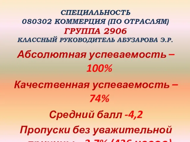 СПЕЦИАЛЬНОСТЬ 080302 КОММЕРЦИЯ (ПО ОТРАСЛЯМ) ГРУППА 2906 КЛАССНЫЙ РУКОВОДИТЕЛЬ АБУЗАРОВА Э.Р. Абсолютная