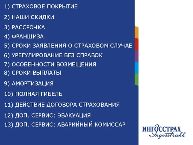 Название главы 1) СТРАХОВОЕ ПОКРЫТИЕ 2) НАШИ СКИДКИ 3) РАССРОЧКА 4) ФРАНШИЗА