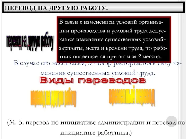 ПЕРЕВОД НА ДРУГУЮ РАБОТУ. перевод на другую работу В связи с изменением