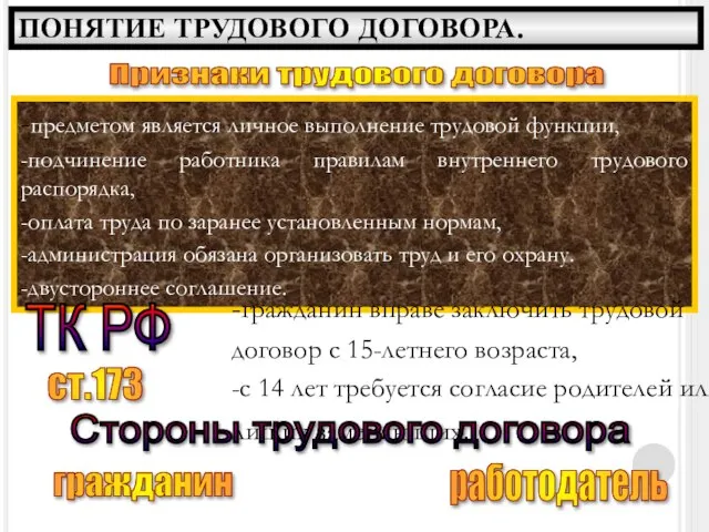 -предметом является личное выполнение трудовой функции, -подчинение работника правилам внутреннего трудового распорядка,