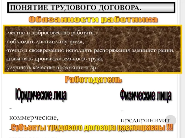 Обязанности работника Юридические лица Работодатель -честно и добросовестно работать, -соблюдать дисциплину труда,