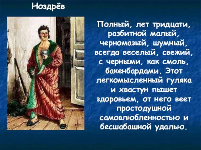 Ноздрёв Полный, лет тридцати, разбитной малый, черномазый, шумный, всегда веселый, свежий, с