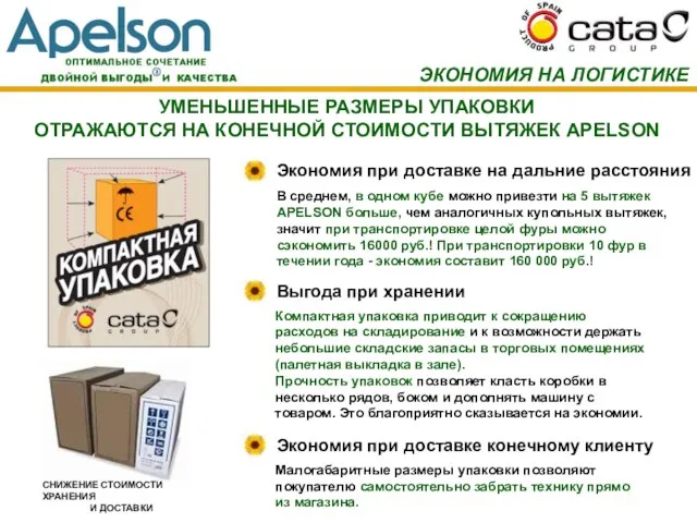 УМЕНЬШЕННЫЕ РАЗМЕРЫ УПАКОВКИ ОТРАЖАЮТСЯ НА КОНЕЧНОЙ СТОИМОСТИ ВЫТЯЖЕК APELSON ЭКОНОМИЯ НА ЛОГИСТИКЕ